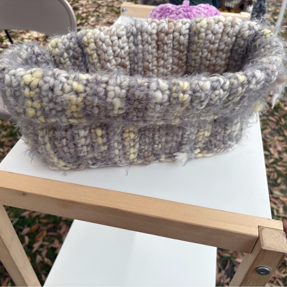 Grey and Cream Crochet Wool Folded Basket, Handmade by Me!